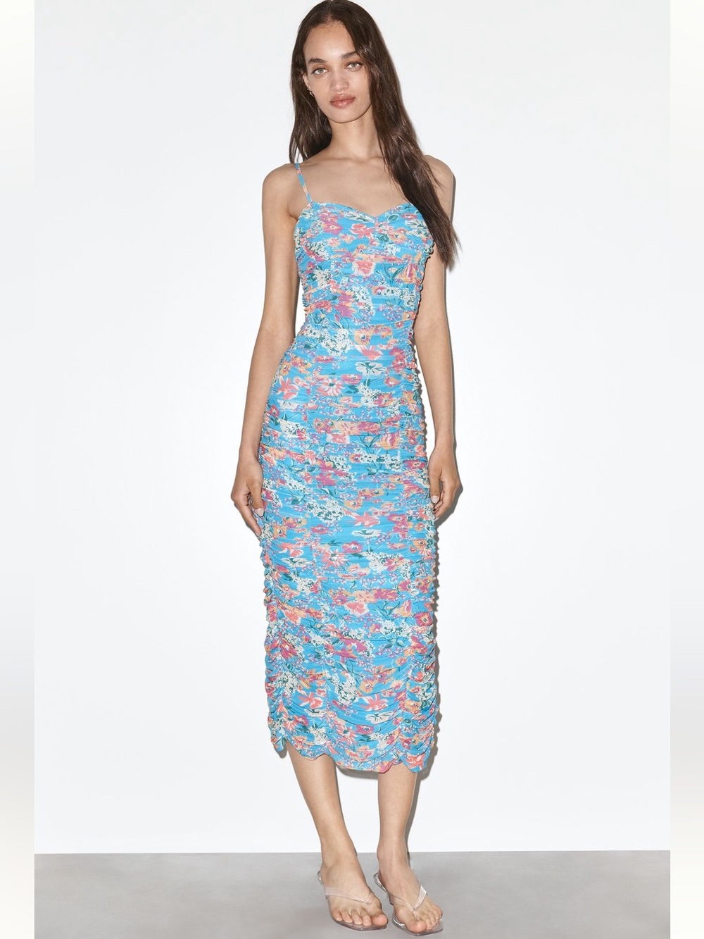 🩵 Anthropologie Blue Floral Ruched Midi Dress Large 12 14 NWT FLATTERING